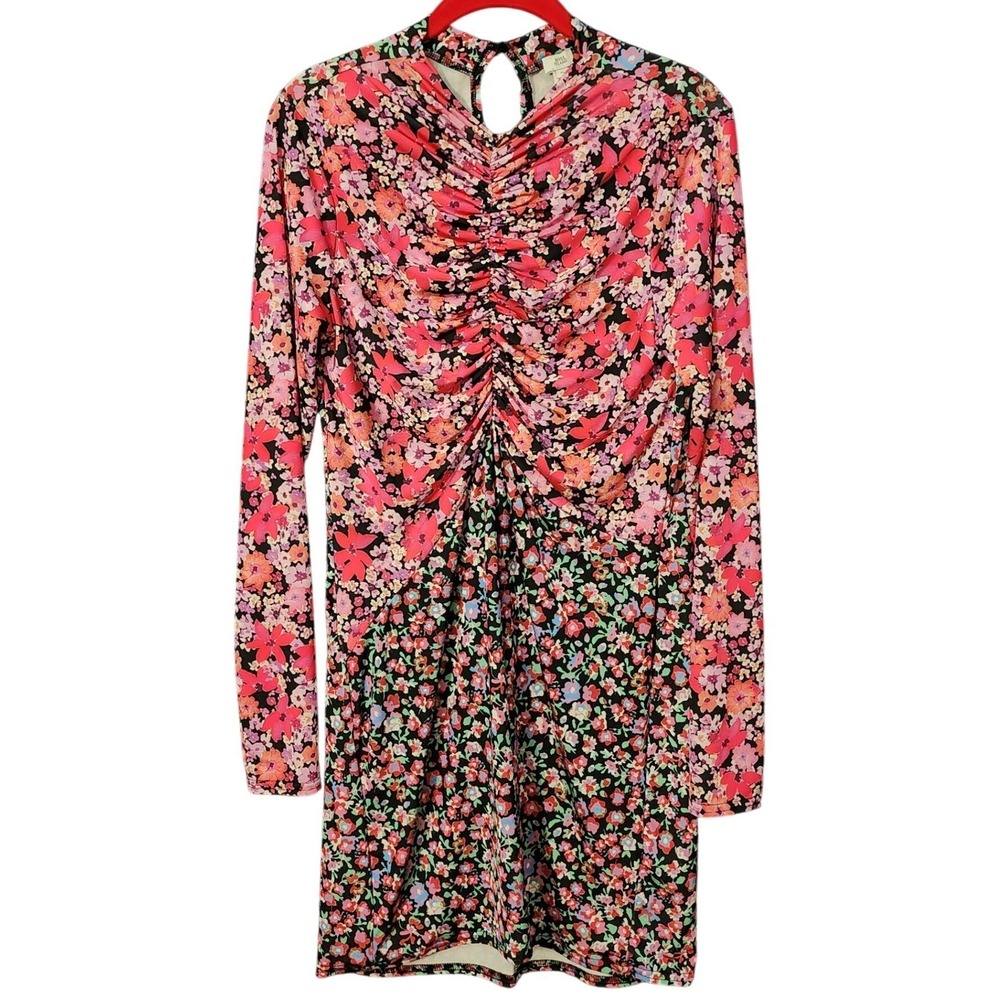 River Island Bodycon Mini Dress Pink Floral Ruched Mock Neck Long Sleeve 8